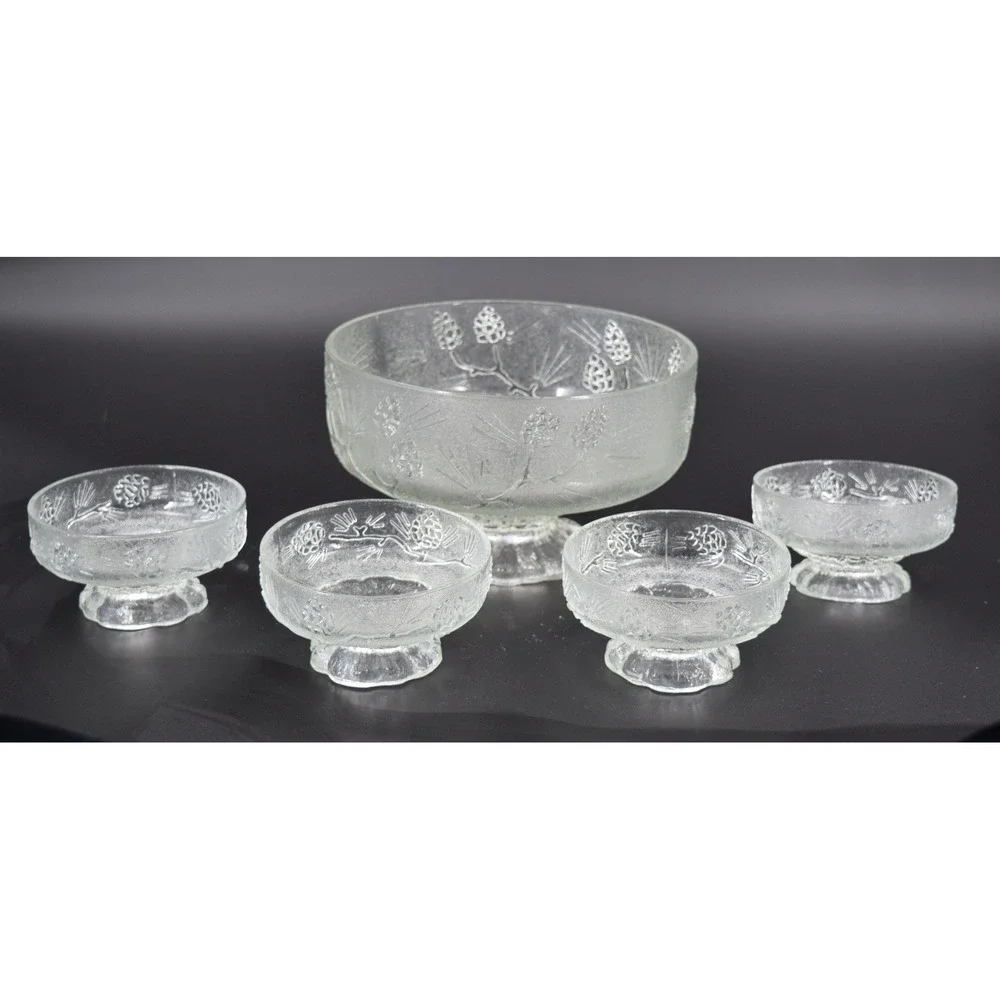 Vintage Pinecone Textured Glass Pedestal Bowl and 4 Serving Cups Set Clear Good